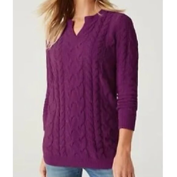 J. JILL Split Neck Chenille Tunic Sweater Solid Purple Chunky Cable Knit Large L - Picture 1 of 12